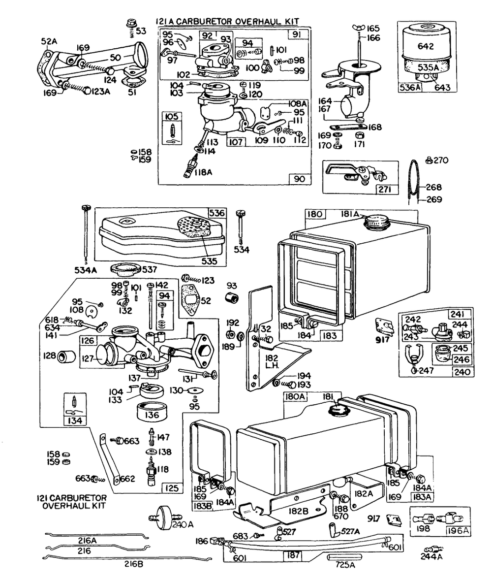 Carburetor, Fuel Tank Assembly Diagram and Parts List for 170702-0154-XX  Briggs and Stratton Engine